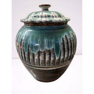 Stoneware Cookie Jar Glazed Large Covered Brown Green/Blue - 11" Tall